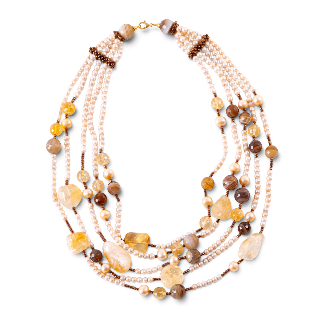 Trebor Style Rajola multi-strand necklace featuring cream freshwater pearls, brown agate, and golden citrine gemstones.