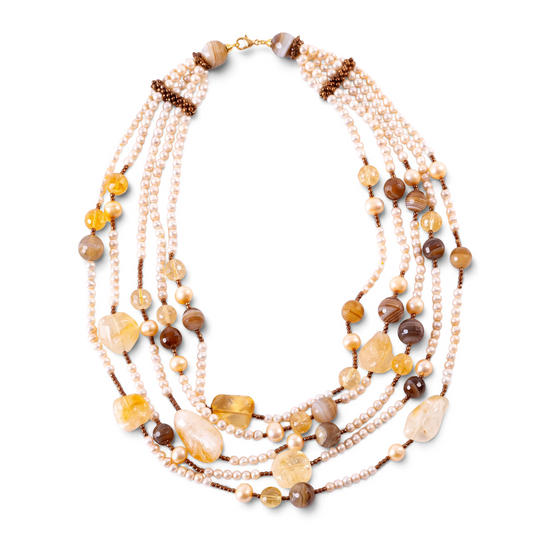 Trebor Style Rajola multi-strand necklace featuring cream freshwater pearls, brown agate, and golden citrine gemstones.