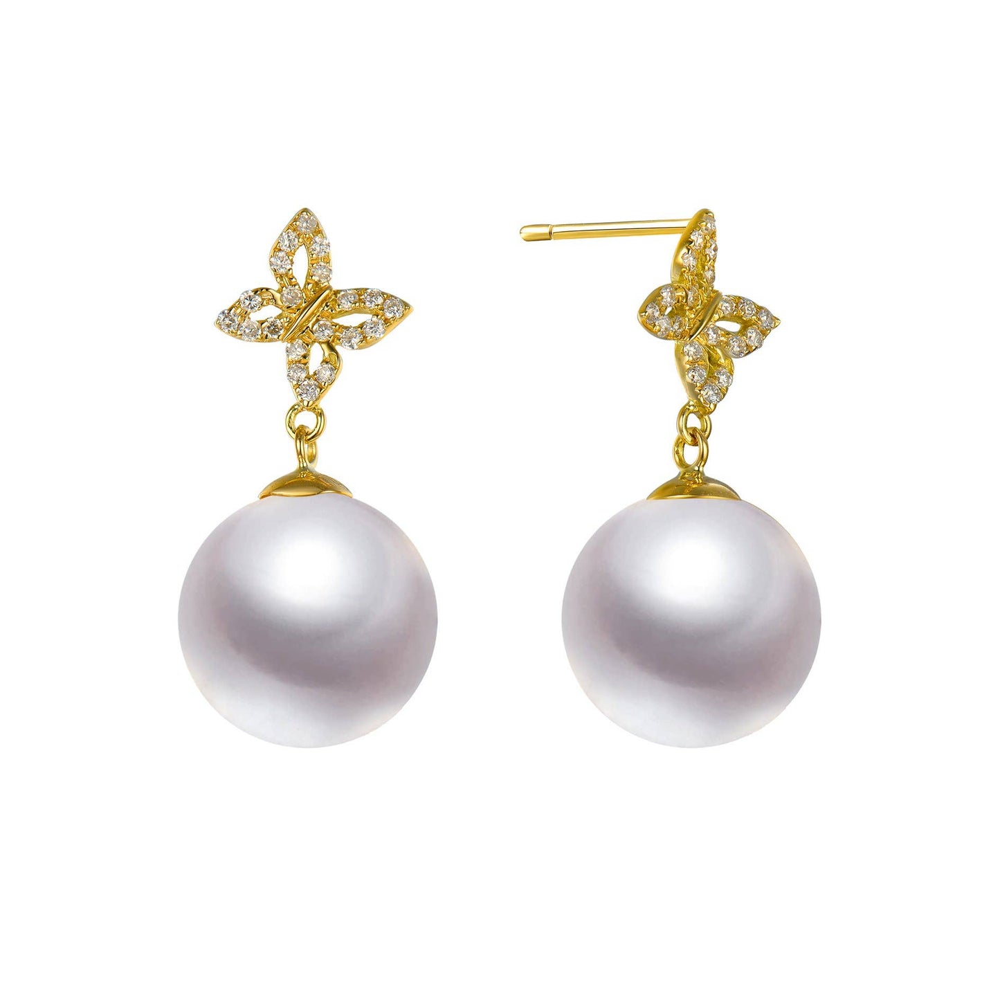 Diamond Butterfly & Pearl Stud Earrings, 18k Gold
