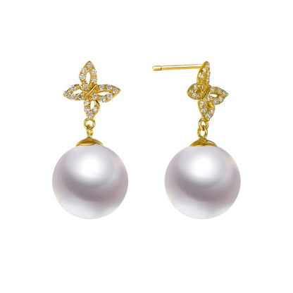 Diamond Butterfly & Pearl Stud Earrings, 18k Gold