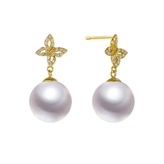 Diamond Butterfly & Pearl Stud Earrings, 18k Gold