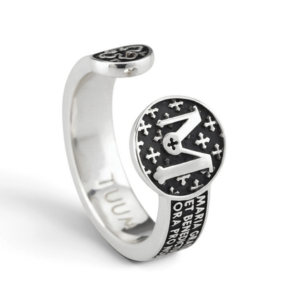 Trebor Style TUUM Infinituum Mater ring in burnished 925 sterling silver with Ave Maria Latin relief and M motif