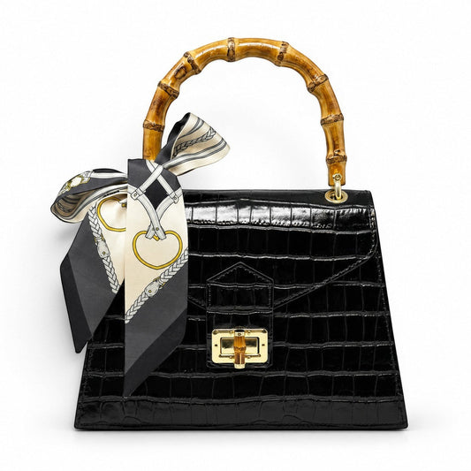Luxury Italian Crocco Leather Bamboo Handle Bag in Black