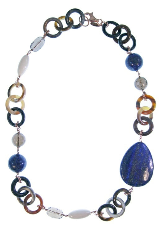 Lapis, Smokey Quartz and Horn Asymmetrical Necklace by Amle
