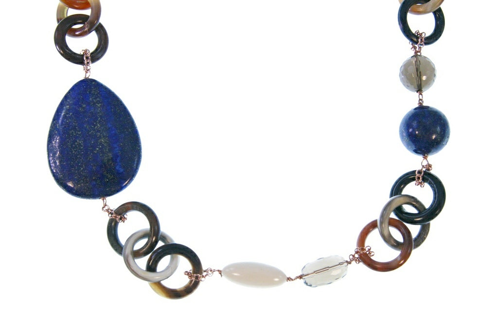 Lapis, Smokey Quartz and Horn Asymmetrical Necklace by Amle view 2