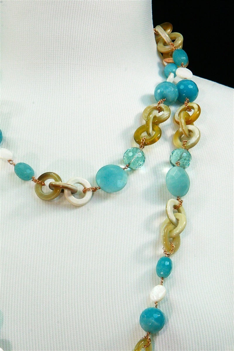 Long Horn, Turquoise Chalcedony, Crystal & Pearl Necklace view 3