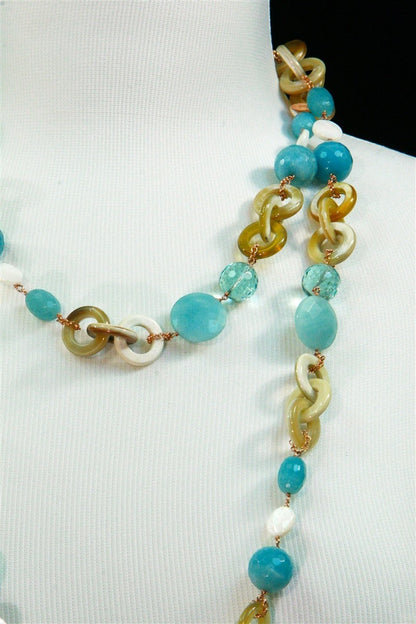 Long Horn, Turquoise Chalcedony, Crystal & Pearl Necklace view 3