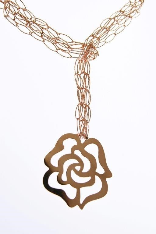 Long, 3-Strand, Rose Gold Flower Pendant Necklace