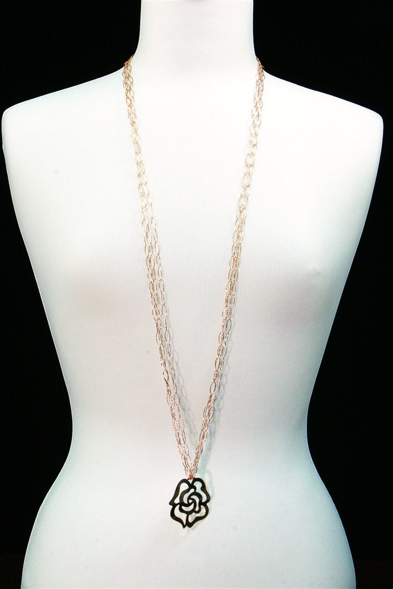 Long, 3-Strand, Rose Gold Flower Pendant Necklace view 3