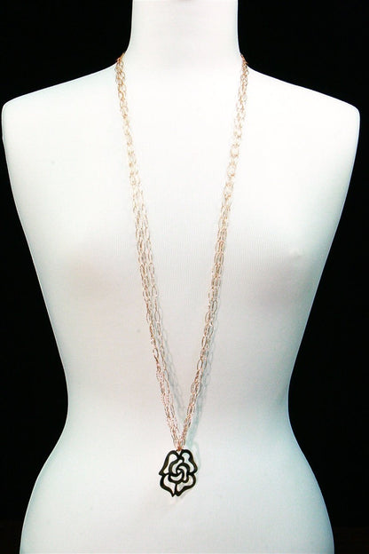 Long, 3-Strand, Rose Gold Flower Pendant Necklace view 3
