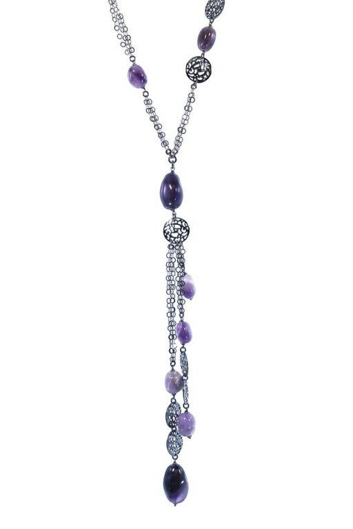 Long Dark Sterling Amethyst Front Tassel Necklace