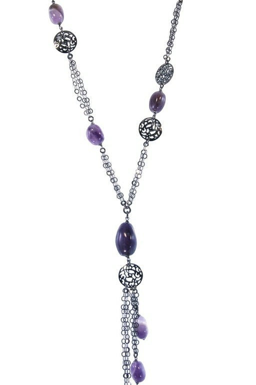 Long Dark Sterling Amethyst Front Tassel Necklace view 2
