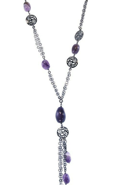 Long Dark Sterling Amethyst Front Tassel Necklace view 2