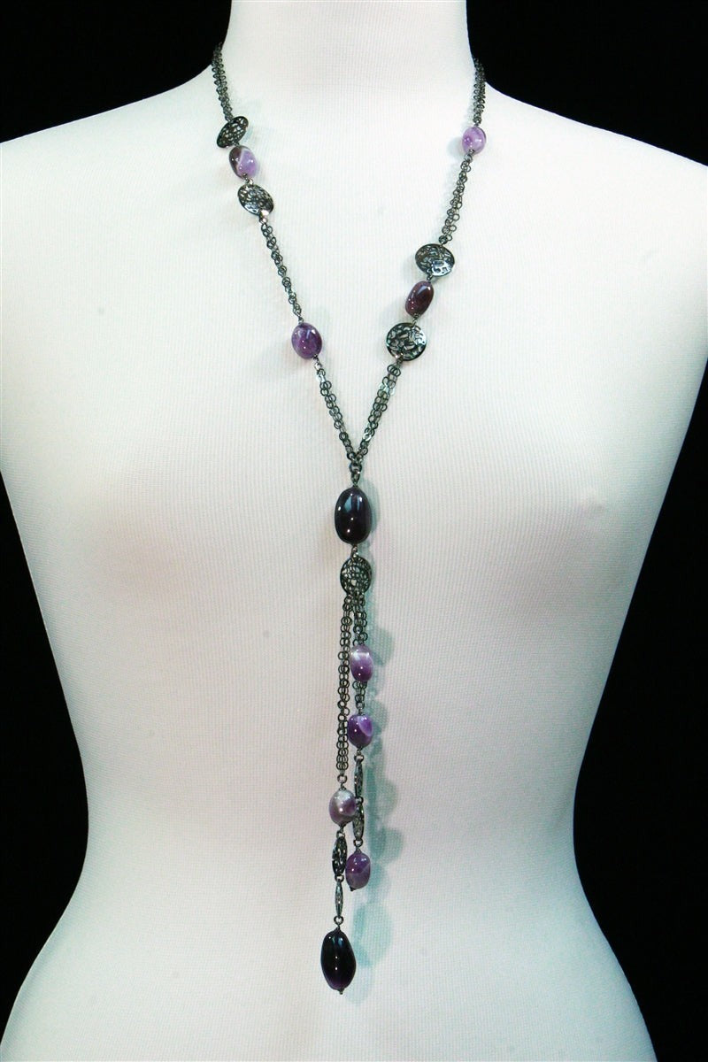 Long Dark Sterling Amethyst Front Tassel Necklace view 4