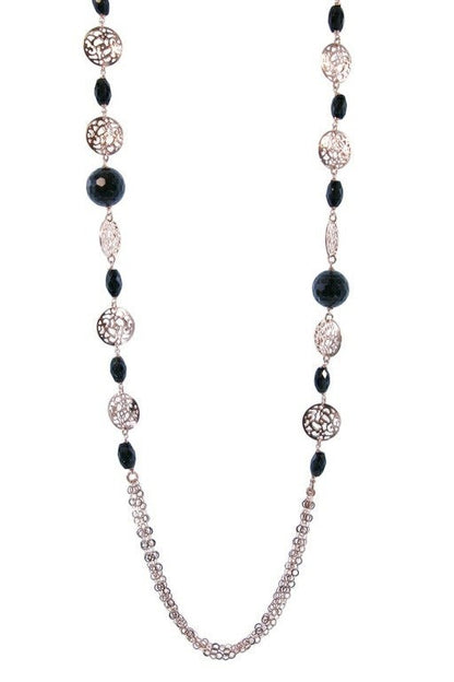 Long Rose Gold Filigree & Onyx Gemstone Necklace