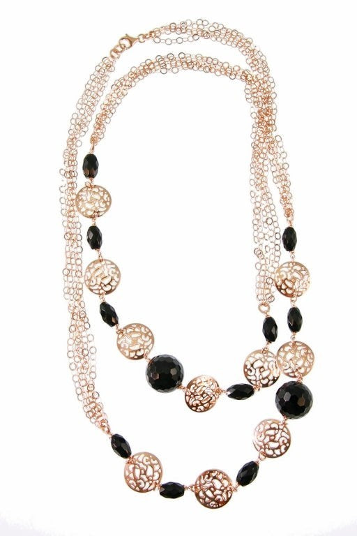 Long Rose Gold Filigree & Onyx Gemstone Necklace view 2