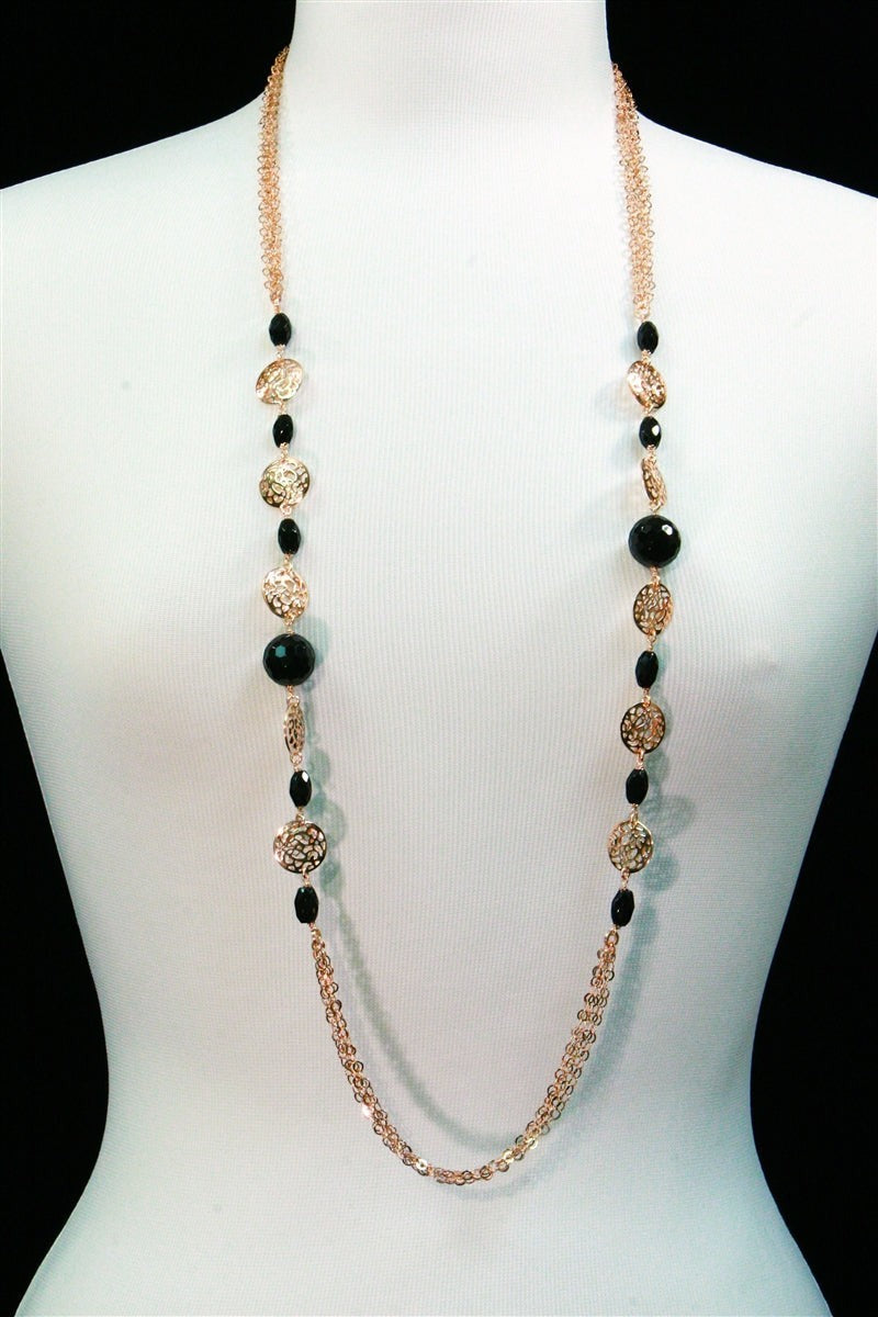 Long Rose Gold Filigree & Onyx Gemstone Necklace view 4