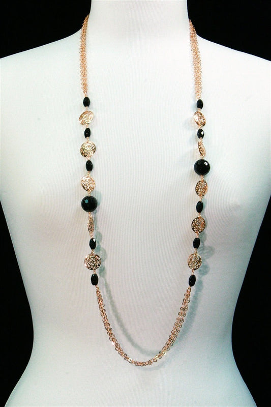 Long Rose Gold Filigree & Onyx Gemstone Necklace view 4