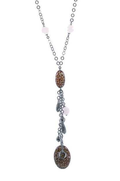 Pink Quartz Gemstone & Enamel Bead Y-Necklace with Tassel