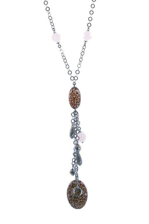 Pink Quartz Gemstone & Enamel Bead Y-Necklace with Tassel