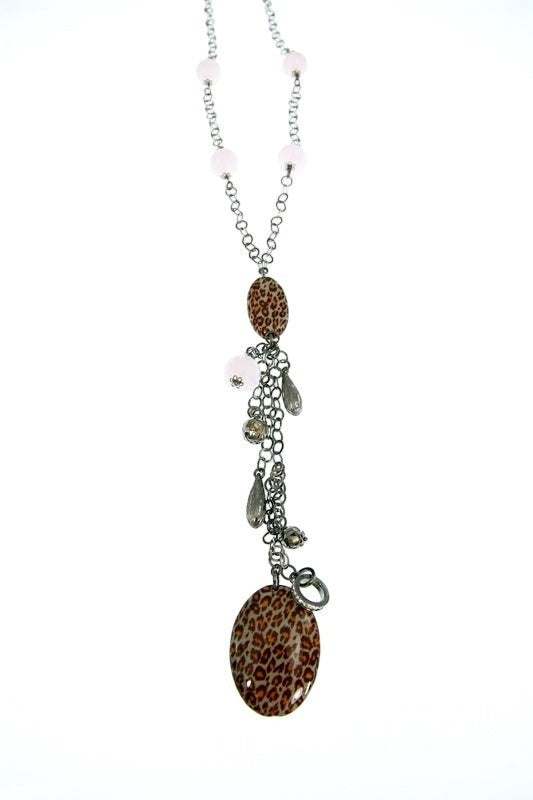 Pink Quartz Gemstone & Enamel Bead Y-Necklace with Tassel view 2