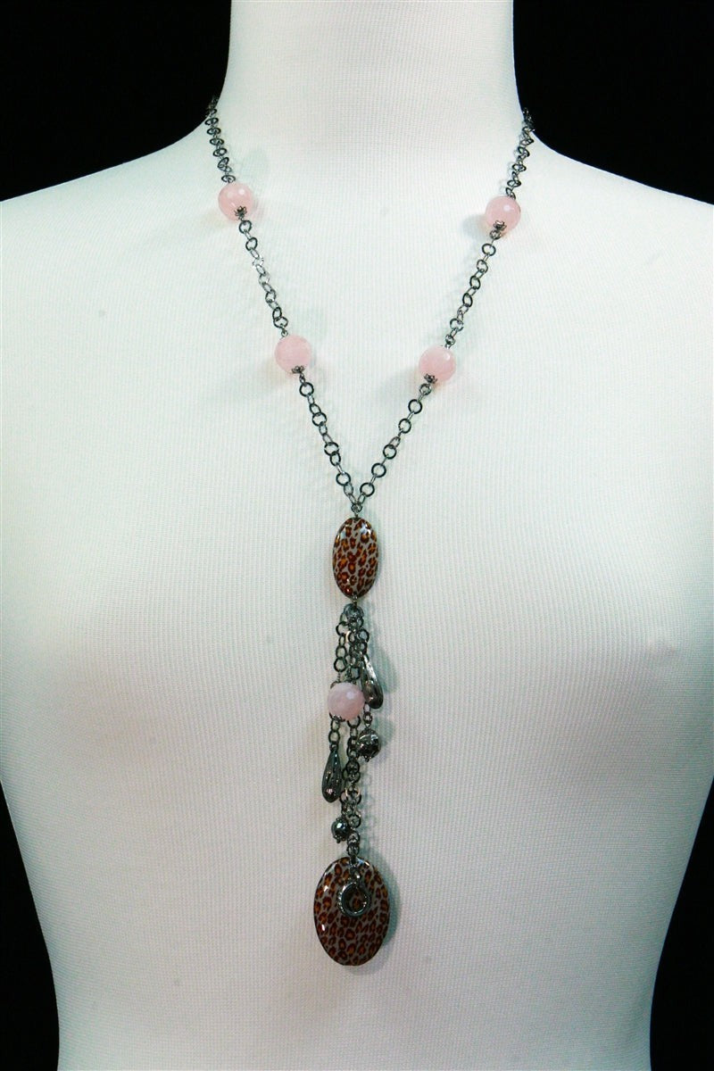 Pink Quartz Gemstone & Enamel Bead Y-Necklace with Tassel view 3