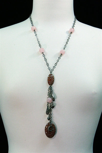 Pink Quartz Gemstone & Enamel Bead Y-Necklace with Tassel view 3