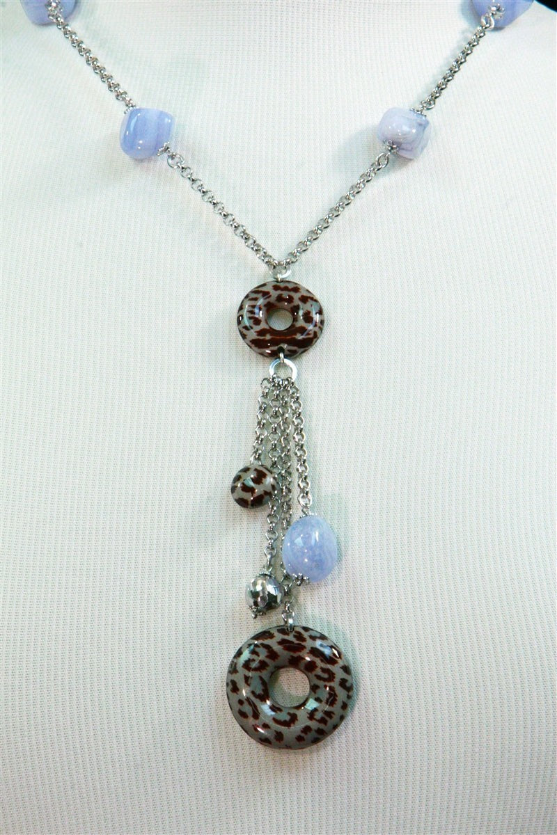 Blue Agate Gemstone & Enamel Bead Y-Necklace view 2