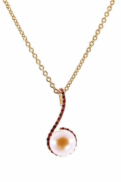 Ruby Gemstone & Pink Pearl Pendant Necklace, 18k Gold