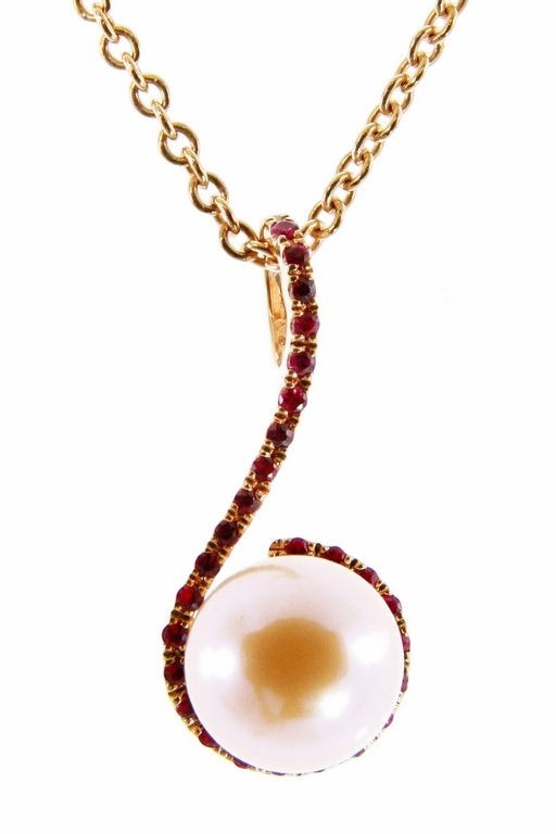 Ruby Gemstone & Pink Pearl Pendant Necklace, 18k Gold view 2