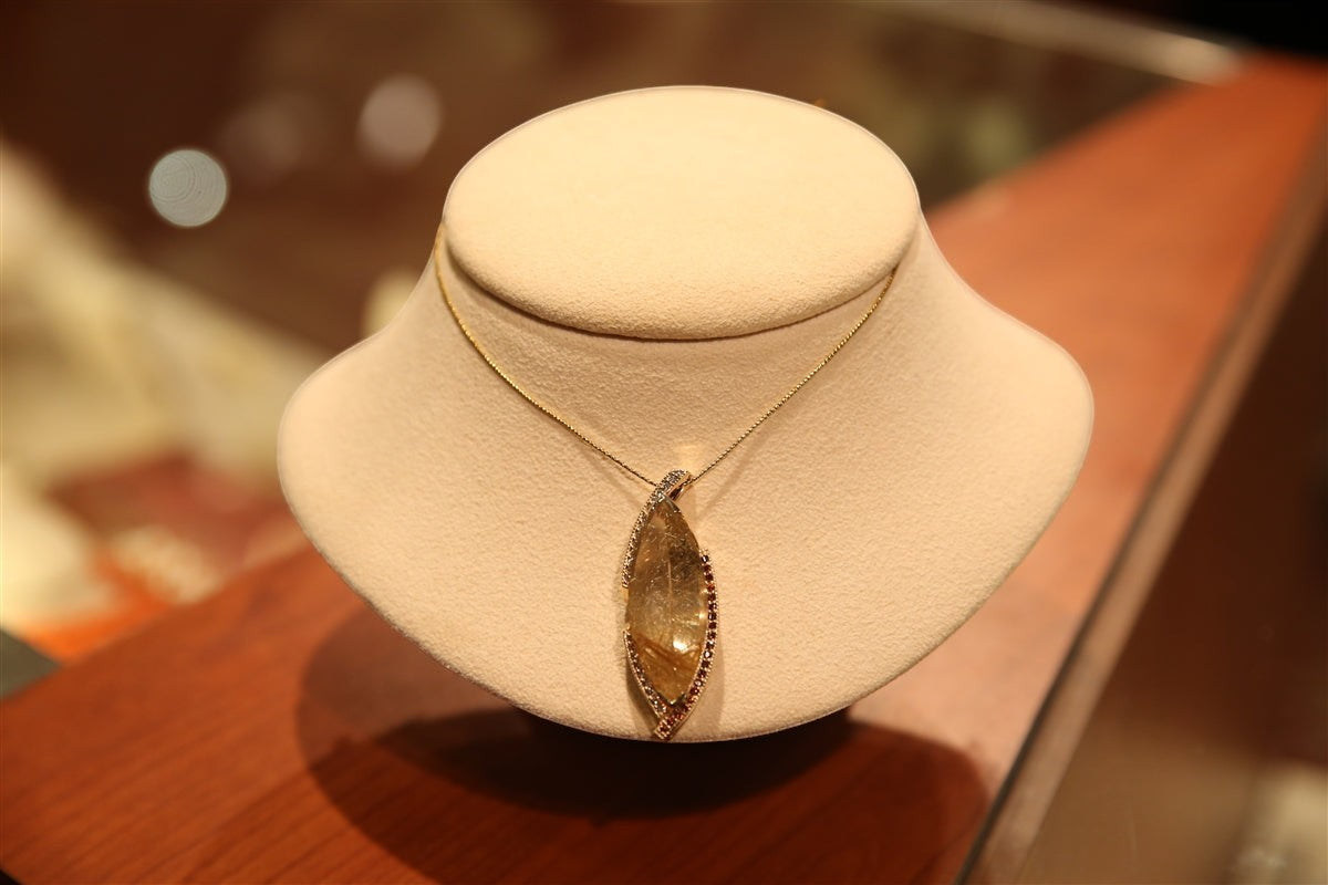 Gold Rutilated Quartz, Garnet & Diamond Pendant view 2