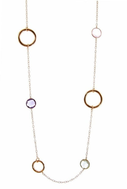 Long 18k Gold Necklace with Amethyst & Quartz