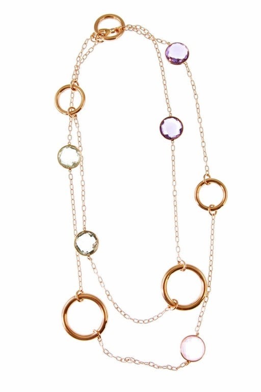 Long 18k Gold Necklace with Amethyst & Quartz view 2