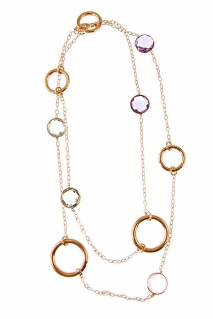 Long 18k Gold Necklace with Amethyst & Quartz view 2