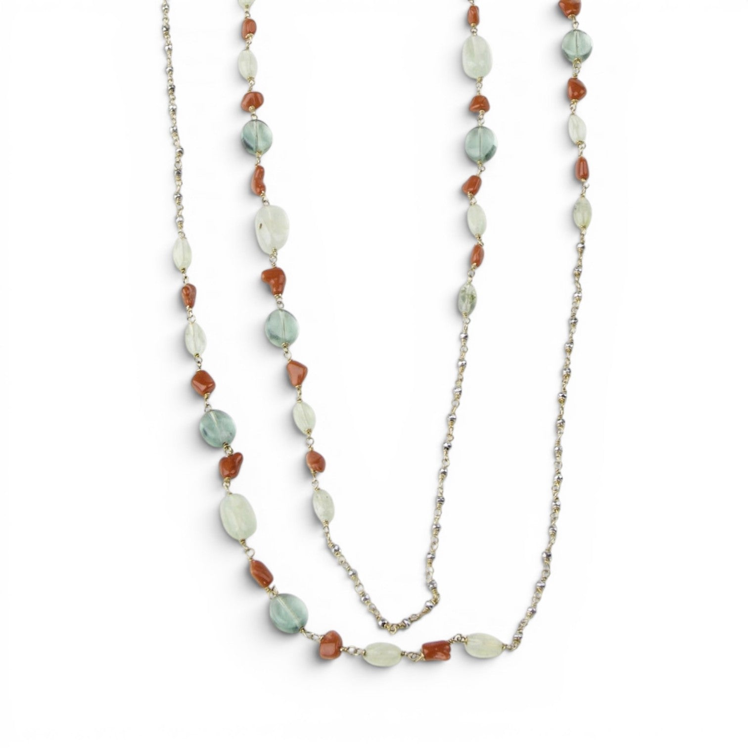 Extra Long Green Fluorite, Coral & Moonstone Necklace