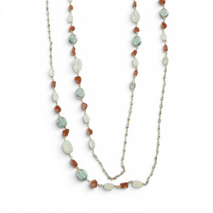 Extra Long Green Fluorite, Coral & Moonstone Necklace