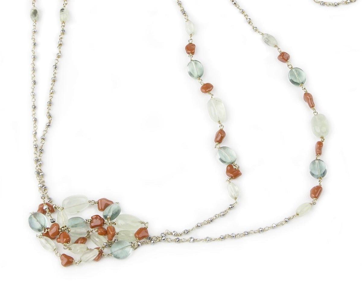 Extra Long Green Fluorite, Coral & Moonstone Necklace view 2