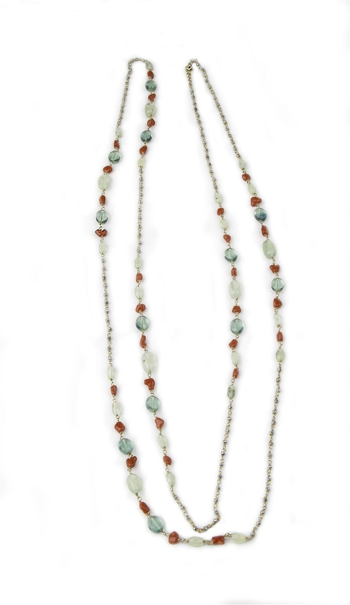 Extra Long Green Fluorite, Coral & Moonstone Necklace view 3