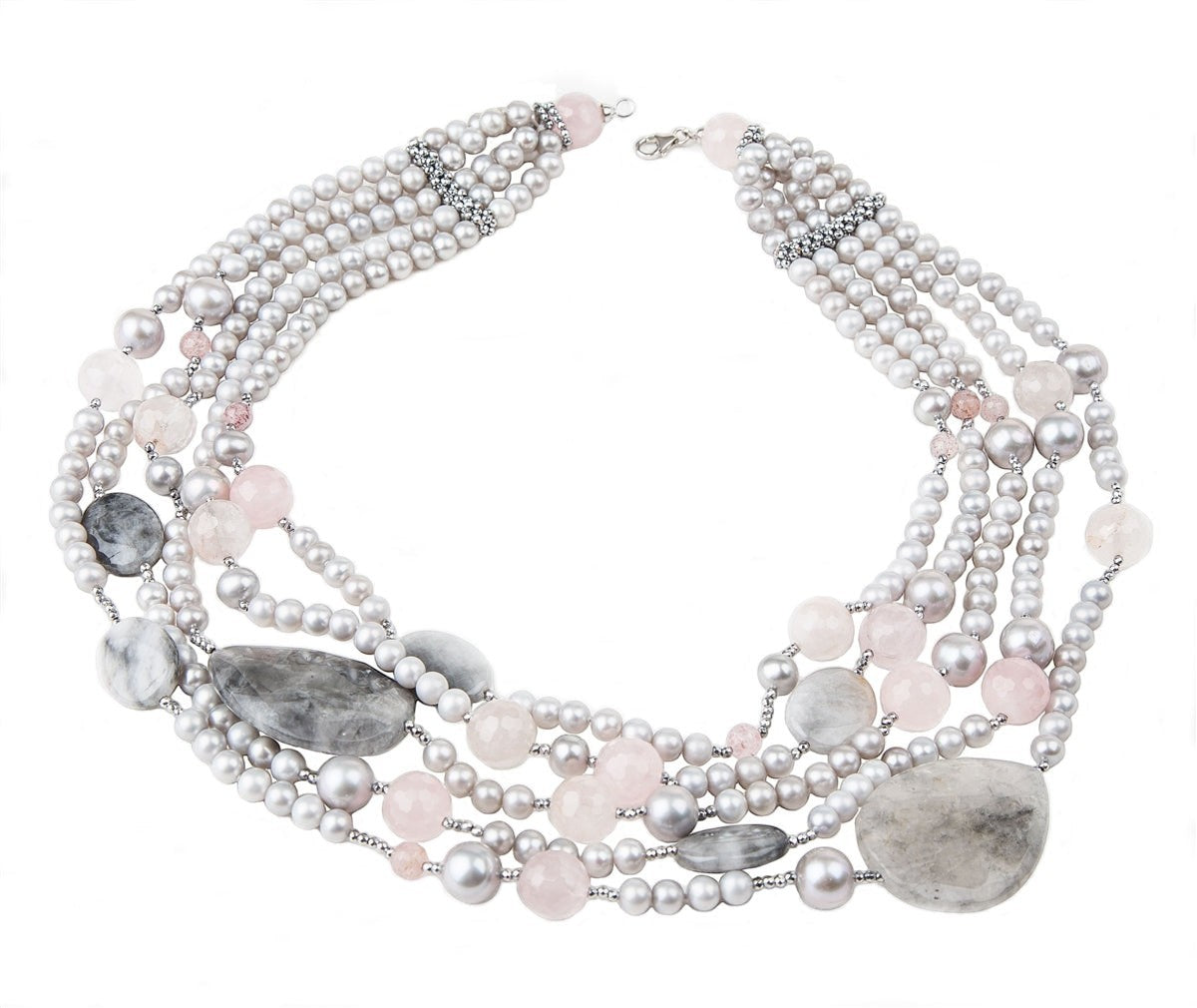Grey & Pink Quartz Multi-Strand Necklace by Rajola