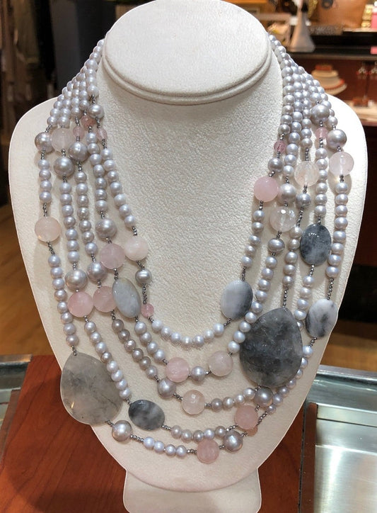 Grey & Pink Quartz Multi-Strand Necklace by Rajola view 2