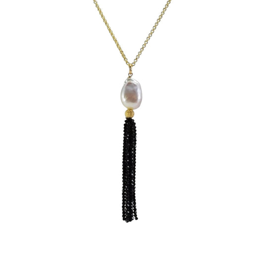 Long Mabe Pearl & Black Spinel Tassel Necklace