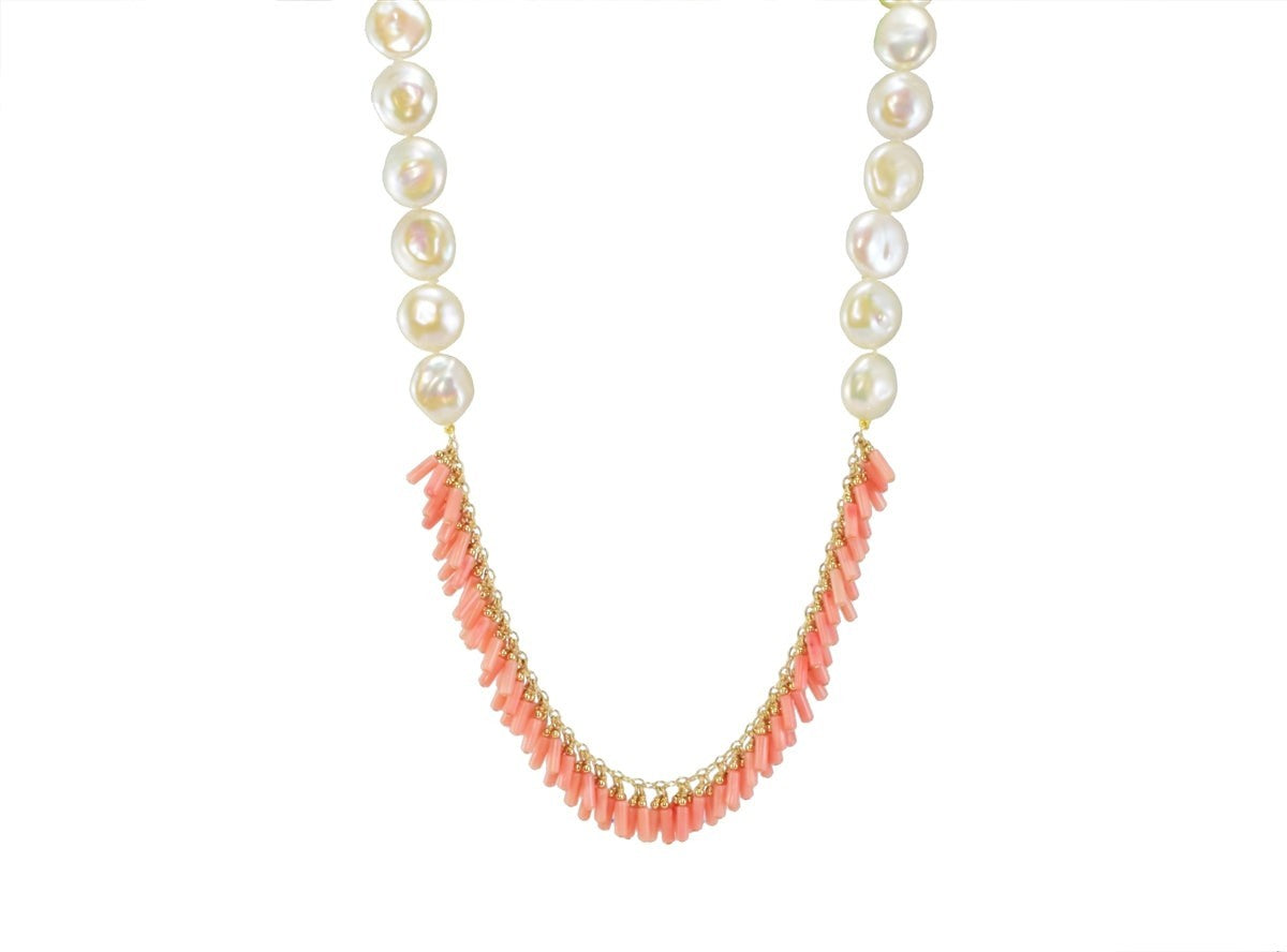 Coral & White Coin Pearl Necklace