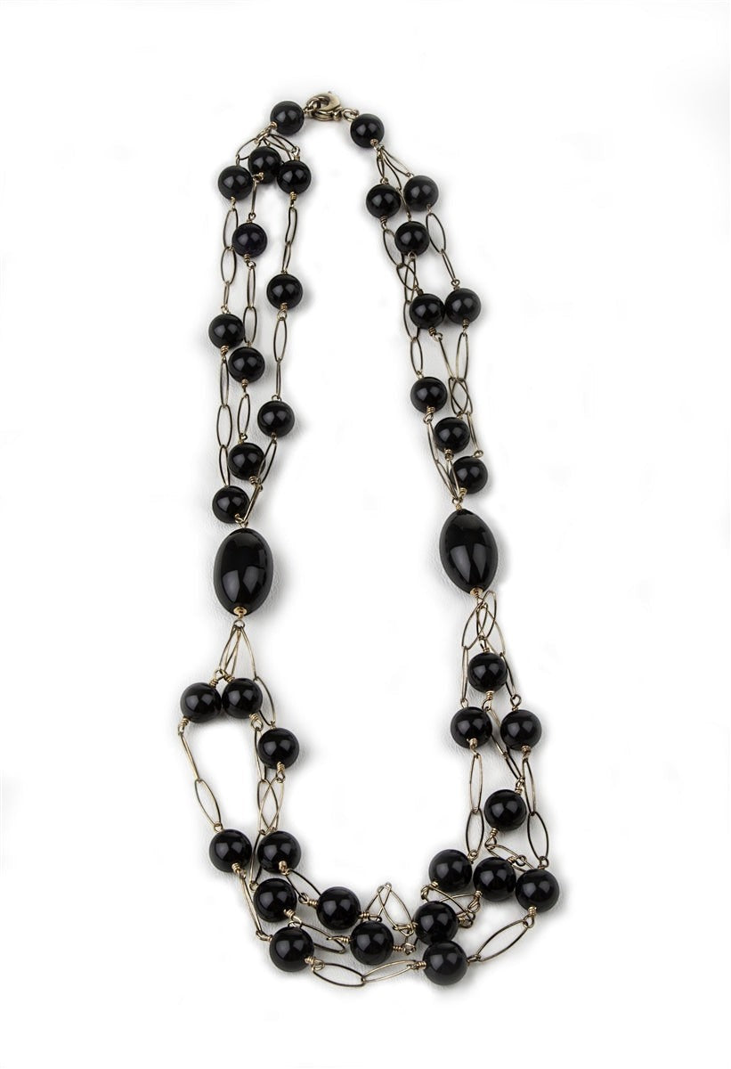 Long Triple Stand Black Onyx Bead Necklace