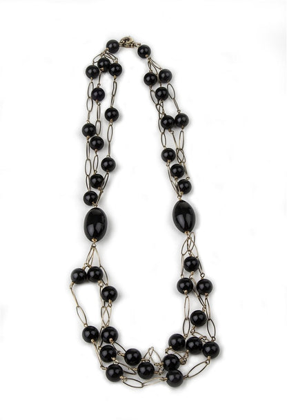 Long Triple Stand Black Onyx Bead Necklace