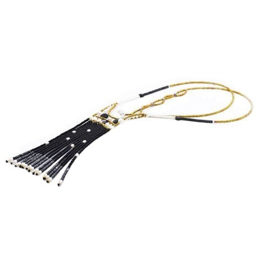 Ziio's Long Fenice Tassel Pendant in Black Onyx & Pearl