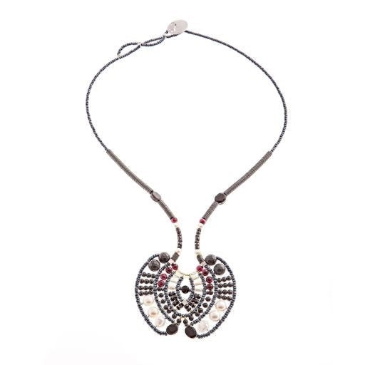 Ziio's Aki Pendant Necklace in Black Onyx, Garnet & Pearl view 2