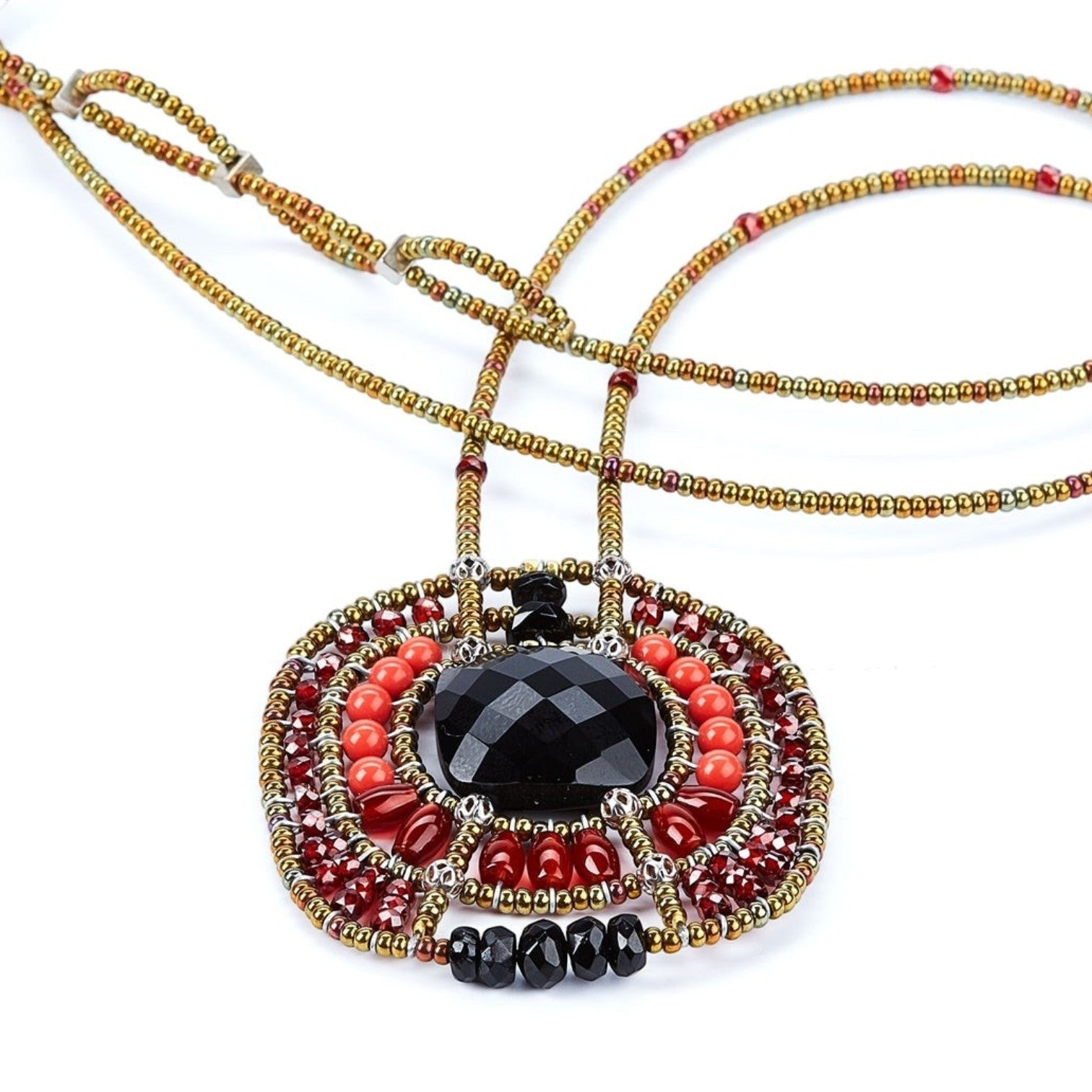 Onyx, Garnet, Coral & Zircon Pendant Necklace by Ziio