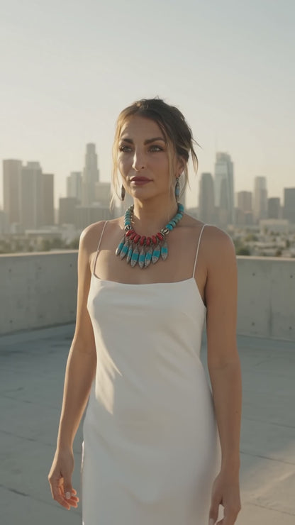 Red Coral & Turquoise Ziggurat Necklace by Masha Archer