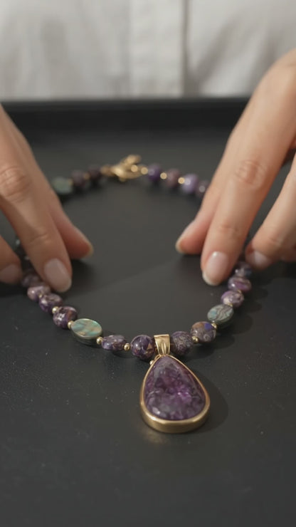 Purple Turquoise Teardrop Pendant Necklace With Abalone And Purple Jasper