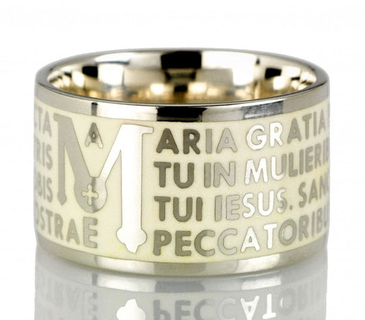Tuum's Animae Mater Ring, White Enamel over Sterling Silver, Sz 7